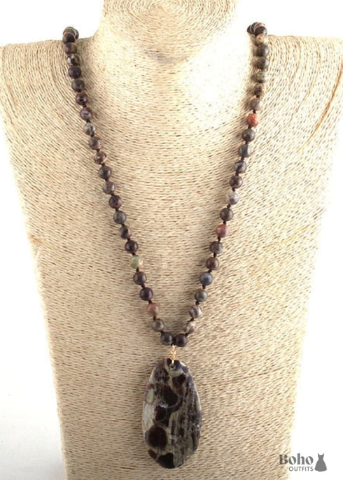Boho Necklace, RH Rose Quart Amazonite, Oval Blue White Black Natural Stone